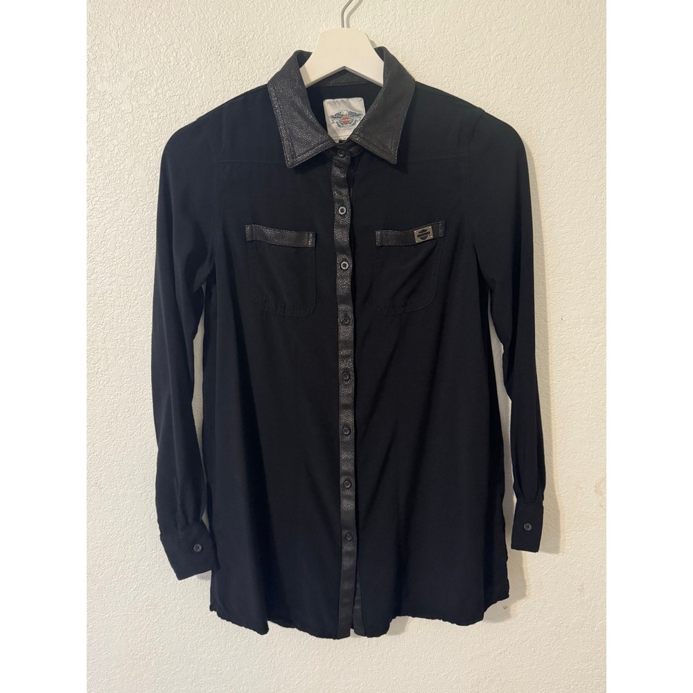 Harley Davidson Black Button Down Shirt Womens XS Long Sleeve Leather Trim